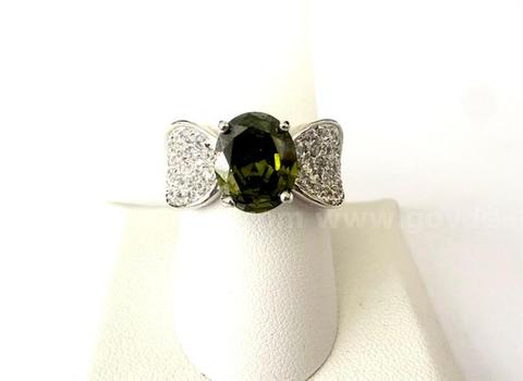 Stunning, Ladies, Rhodium Clad (Silver), Size 9, CZ Oval Peridot W/CZ Accents Ring