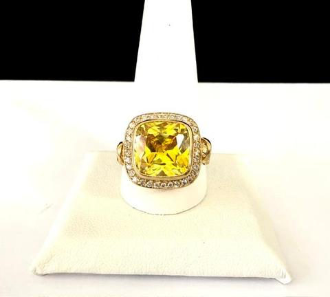 Beautiful, Huge CZ Citrine, W/Accents, Ring, Size 11 1/2, Real 24k Gold Plated