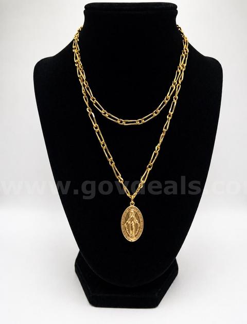 30” Paper Clip Style Necklace W/Religious Pendant. 24k Real Gold Plated