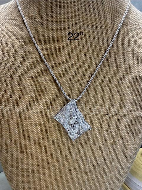 Rhodium Clad (Silver), 2MM, 22 Inch, Necklace W/CZ Israel Flag Pendant