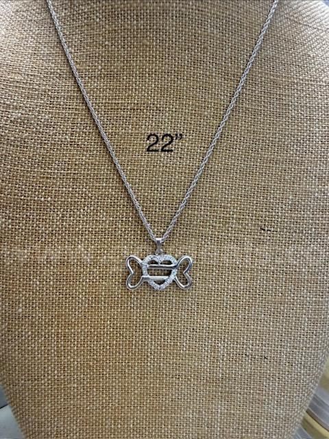 Beautiful, Rhodium Clad (Silver), 1MM, 22 Inch, Rope Chain Necklace W/CZ Dog Bone Pendant