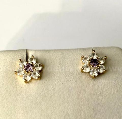 Beautiful CZ Amethyst Flower Earrings, 24k Real Gold Plated
