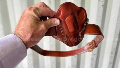 Galco 1.5" leather belt with medium frame revolver holster. LIKE NEW.