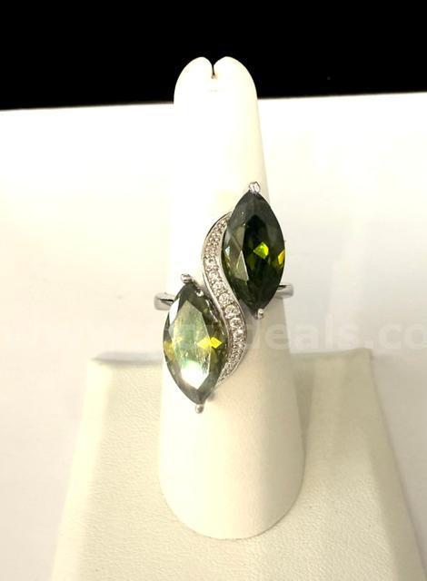 Ladies, Rhodium Clad (Silver), Size 7, Unique, Huge Double CZ Peridot Cocktail Ring