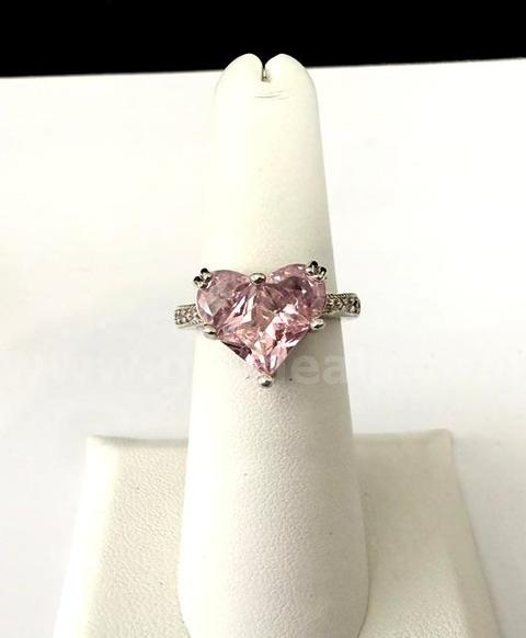 Beautiful, Rhodium Clad (Silver), Size 6, Ladies, CZ Pink Heart Solitaire W/Accent Ring