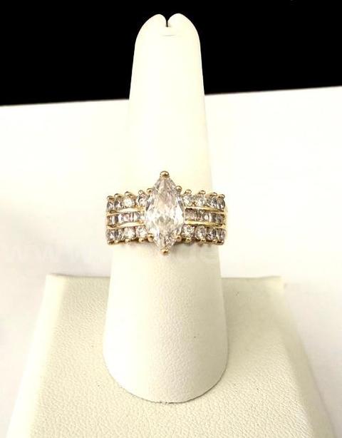 Gorgeous, Size 8, Ladies, 24k Gold, 3 Carat CZ, Marquis Bridal Ring W/Brilliant Accents