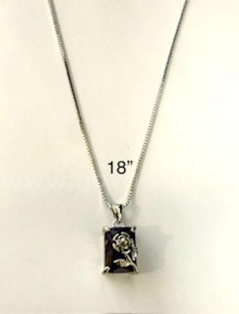 Beautiful, Rhodium Clad (Silver), Ladies, CZ Amethyst Rose Pendant W/18" Necklace