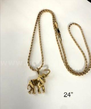 Beautiful, Diamond Cut Elephant Pendant, W/2MM, 24 Inch, Diamond Cut Rope Chain, Real 24k Gold Plated
