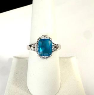 Beautiful, Ladies, Rhodium Clad (Silver), Size 8, CZ Blue Topaz W/Accents Solitaire Ring