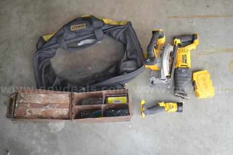 DEWALT LOT TO INCLUDE BAG, SAZALL, SKILLSAW, FLASHLIGHT AND ASSORTED DRILL BITS.