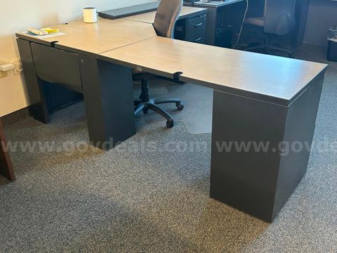 A Lot of Black and Wood Color Desks (3 Pieces - side with drawers, extended side