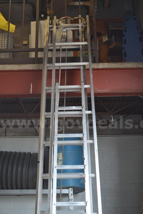 LOT TO INCLUDE ALCO LITE 10' FOLDING ATTIC LADDER, 14' ROOF LADDER WITH HOOKS, AND A 24' 2-SECTION EXTENSION LADDER