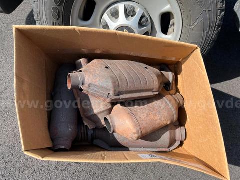 Box of six (6) used catalytic converters for scrap and recycling