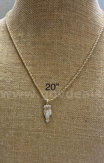 Stunning, 24k Gold, CZ Owl Pendant, W/2MM, Diamond Cut Rope Necklace