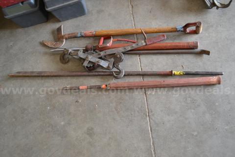 Lot to include hay hook, rock bar, come-a-long, two (2) slide chisles, one (1) D-Handle metal can opener