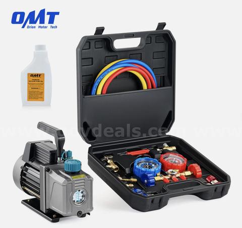 Free Shipping - New 3.5 CFM 1/4 HP HVAC Vacuum Pump & Manifold Gauge Set Kit w/ Case