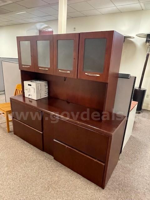 One (1) Cherry-colored office credenza with a matching hutch