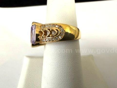 Beautiful, 24k Gold, Size 7, CZ Amethyst, Ladies Cocktail Ring W/Accents
