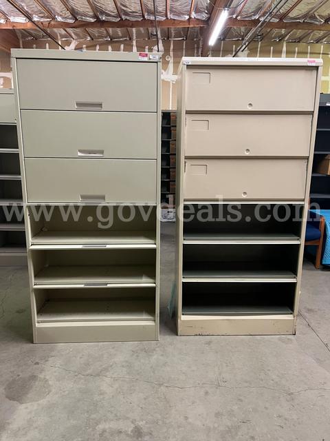 (2) Beige Metal Shelving Units