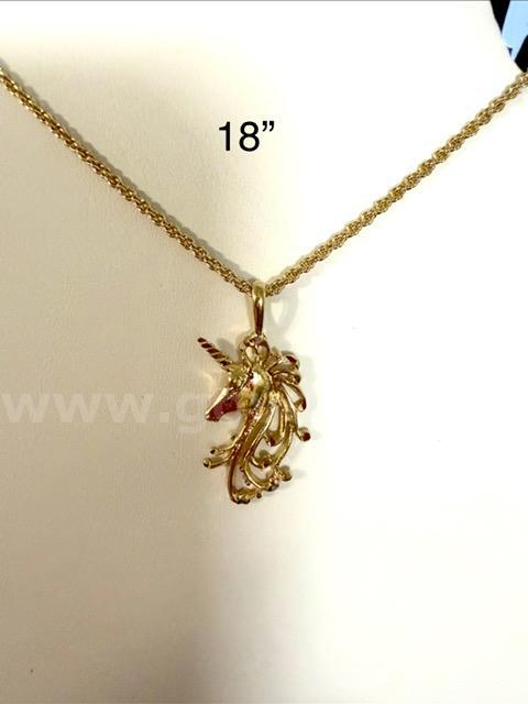 24k Gold, 1MM, 18 Inch, Diamond Cut Rope Chain W/Unicorn Pendant