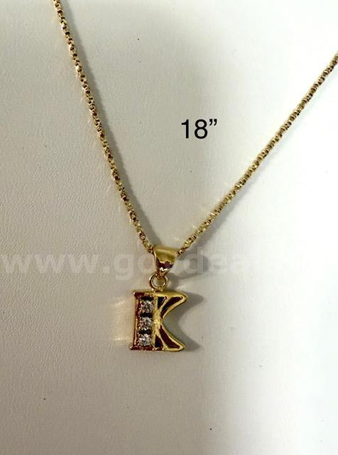 24k Gold, 18 Inch, Diamond Cut Box Chain Necklace, W/CZ "K" Initial Pendant