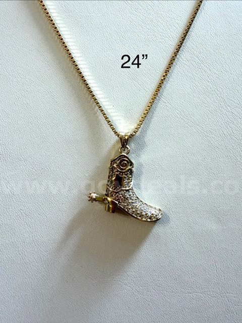 24k Gold, 24 Inch, Box Chain Necklace, W/CZ Cowboy Boot Pendant