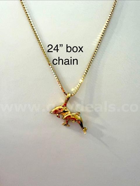 24" Box Chain Necklace, W/Dolphins Pendant, Real 24k Gold Filled