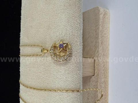 Attractive, 24k Gold, 18 Inch, Diamond Cut Box Chain Necklace W/CZ Moon and Amethyst Star Pendant
