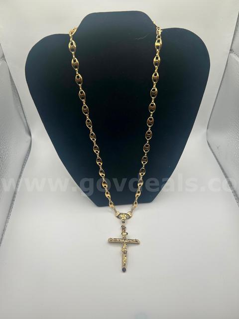 21”, Flat Mariner Chain W/Large Cross Pendant 24K Real Gold Plated