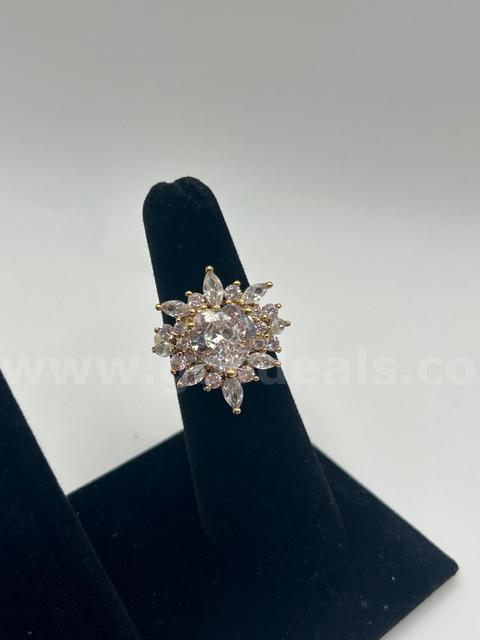 Size 5.5, Ladies, CZ, Floral, Heart, Marquise Cut  Cocktail Ring 24K Real Gold Plated