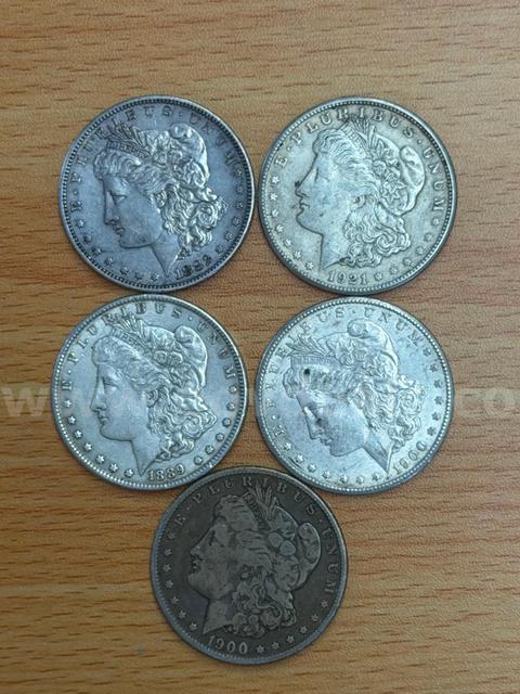 Lot of 5 - Silver U.S. Morgan Dollar (1882-S, 1889, 1900-O, 1900-S, 1921-S)