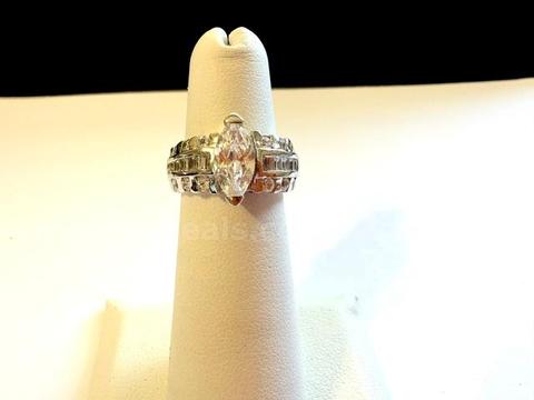Beautiful, Rhodium Clad (Silver), Size 4, 3 Carat CZ, Marquis Bridal Ring W/Accents