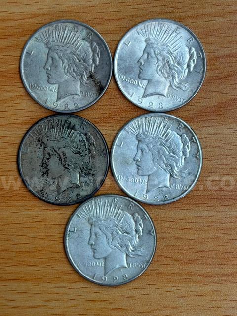 Lot of 5 - Silver U.S. Peace Dollar (1922-S, 1922, 1923, 1923, 1923-S)