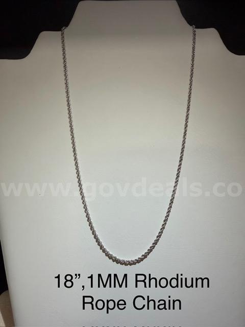 Gorgeous, 1MM, Rhodium Clad (Silver), 18 Inch, Diamond Cut Rope Chain