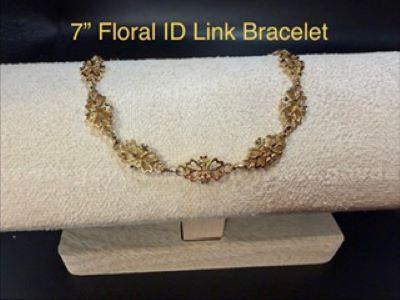 Stunning, 7 Inch, Ladies Floral Link ID Bracelet W/Safety, Real 24k Gold Plated