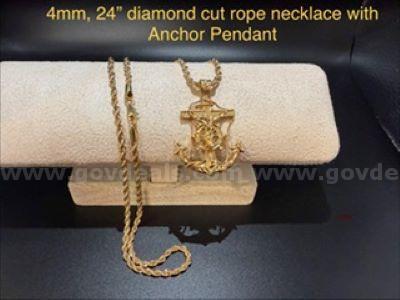 Beautiful, 24k Gold, 24 Inch, 4MM, Diamond Cut Rope Chain W/Jesus on Anchor Pendant