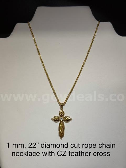Beautiful, 1MM, 22 Inch, Diamond Cut Rope Chain Necklace, W/CZ Feather Cross, Re
