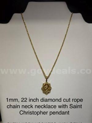 Beautiful, 1MM, 22 Inch, Diamond Cut Rope Chain, W/Saint Christopher Pendant, Re