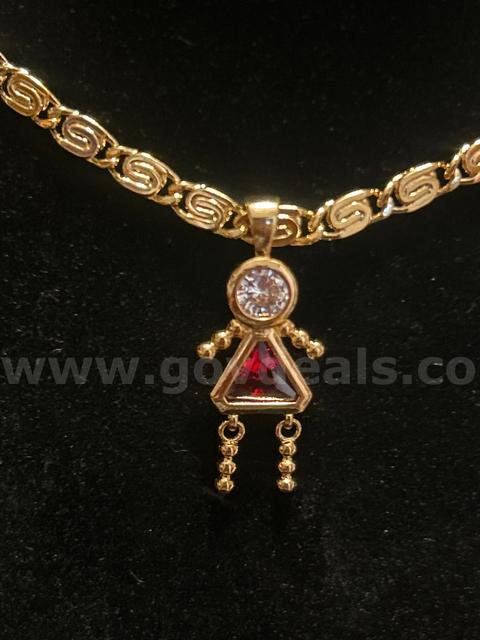 22”, Byzantine Chain W/Garnet BS CZ Little Girl Pendant 24K Real Gold Plated
