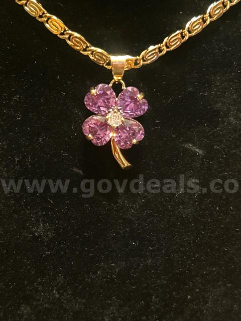 Gorgeous, 24k Gold, 20”, Byzantine Chain W/Amethyst CZ Four-leaf Clover Pendant  Read⬇️