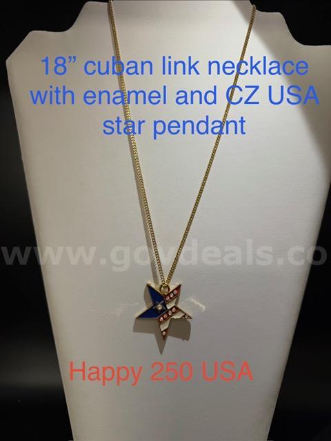 Happy Birthday America, 18", Real 24k Gold Plated, Cuban Necklace W/Enamel CZ Star Pendant