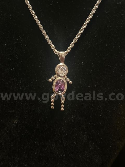 1mm, (Silver), 16 Inch, Diamond Cut Rope W/ Amethyst Birthstone CZ Little Boy Pendant