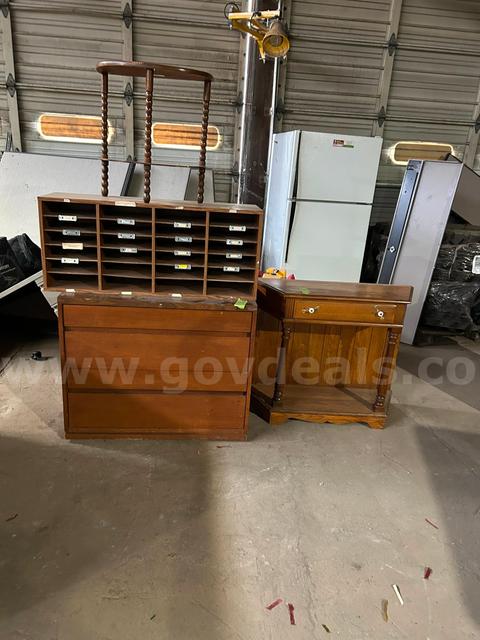 4 pieces wood furniture  file cabinet, 2 small tables, 1 mail box,