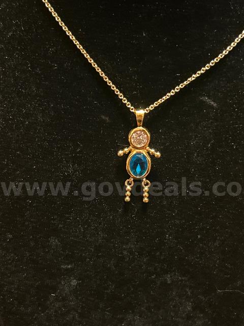 Beautiful, 22 Inch, 24k Gold, Dainty Chain Necklace W/ Blue Topaz CZ Little Boy Pendant Read⬇️