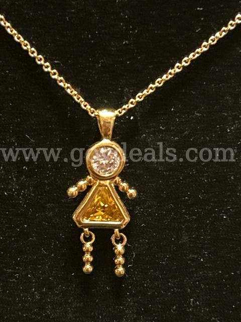 22 Inch Chain Necklace W/Topaz CZ Baby Girl Pendant 24K Real Gold Plated