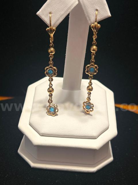 Rose Look, Dangling Drop , Turquoise CZ  Earrings 24K Real Gold Plated