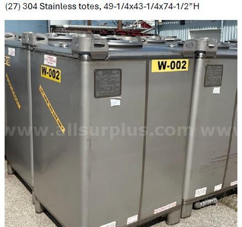 10 ea. AMI / IBC Resources 550 gal. Stainless Steel Totes (Never Used)
