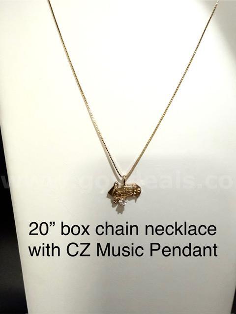 Beautiful 20 " Box Chain Necklace w/CZ Music Pendant, 24k Real Gold Plated
