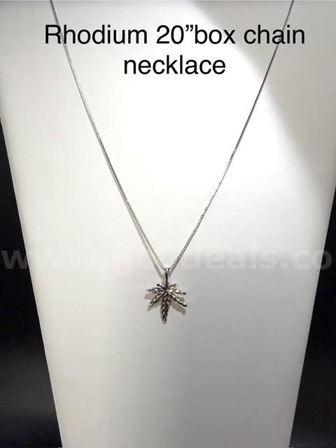 Rhodium Clad (Silver), 20 Inch, Box Chain Necklace W/Marijuana Pendant