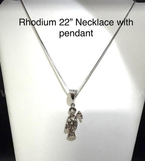 Rhodium Clad (Silver), 22 Inch, Box Chain Necklace W/Grim Reaper Pendant
